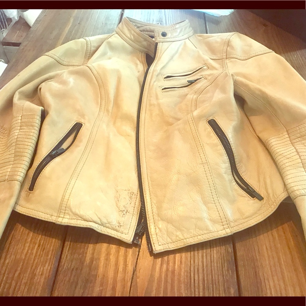 Cute Black Rivet Tan Leather Jacket- Light Waist